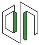 Logo geometrico astratto in nero e verde su sfondo bianco.