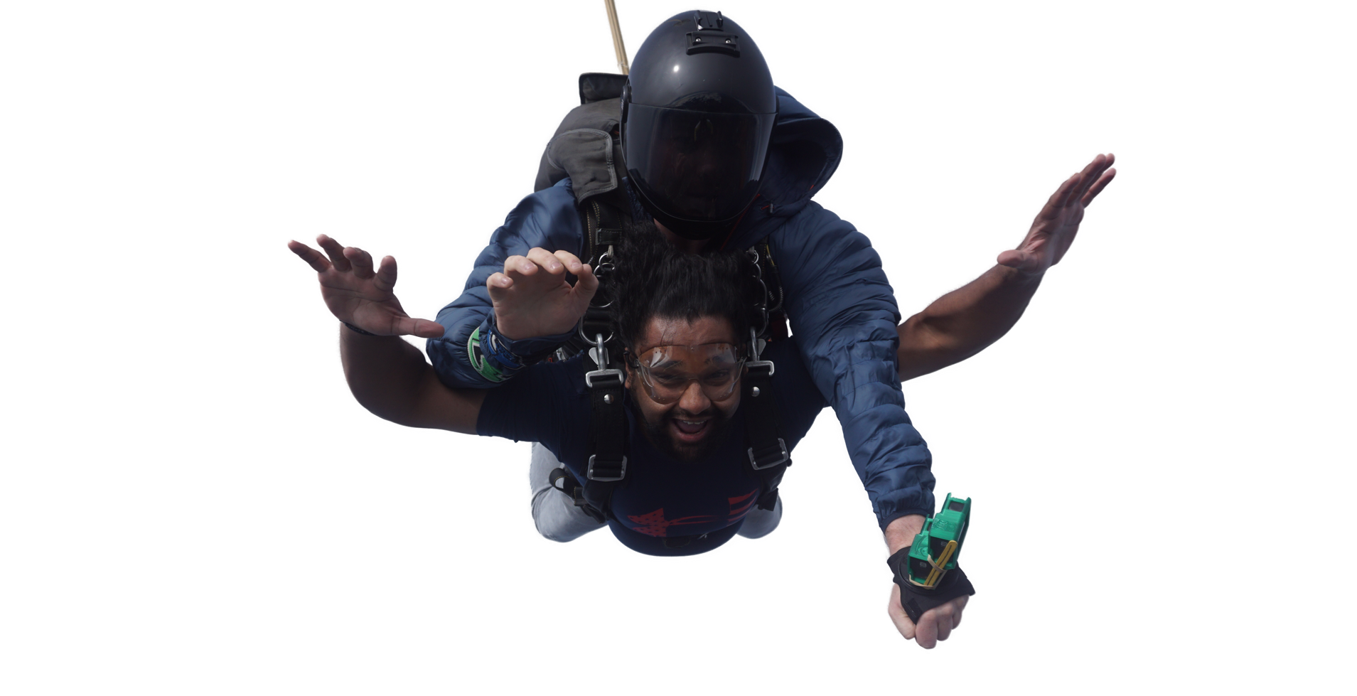 Tandem skydive pair in freefall with a transparent background