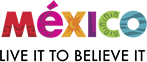 Mexico tourism logo with red, green, and pink text and the slogan “Live it to believe it”