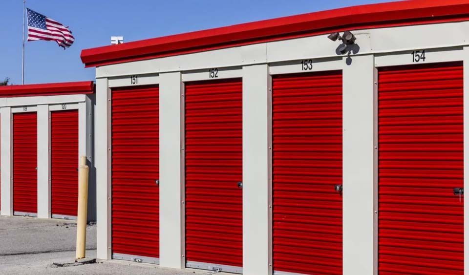 A row of red storage units