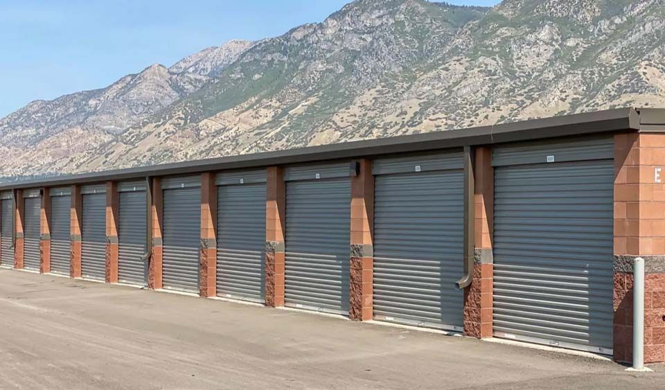 A row of storage units with mountains in the background.