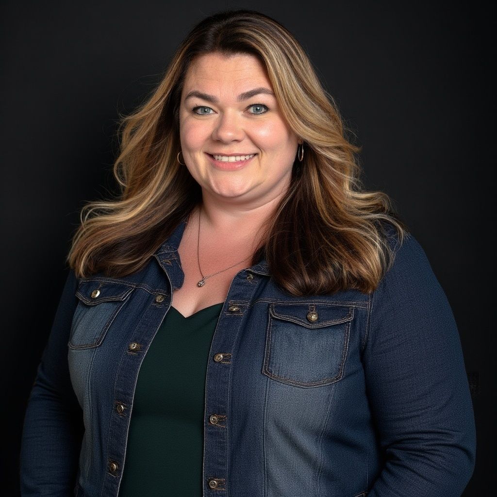 Smiling woman in a denim jacket and green top against a dark background