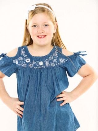 Young girl in a blue dress with floral neckline, standing with hands on hips against a white background