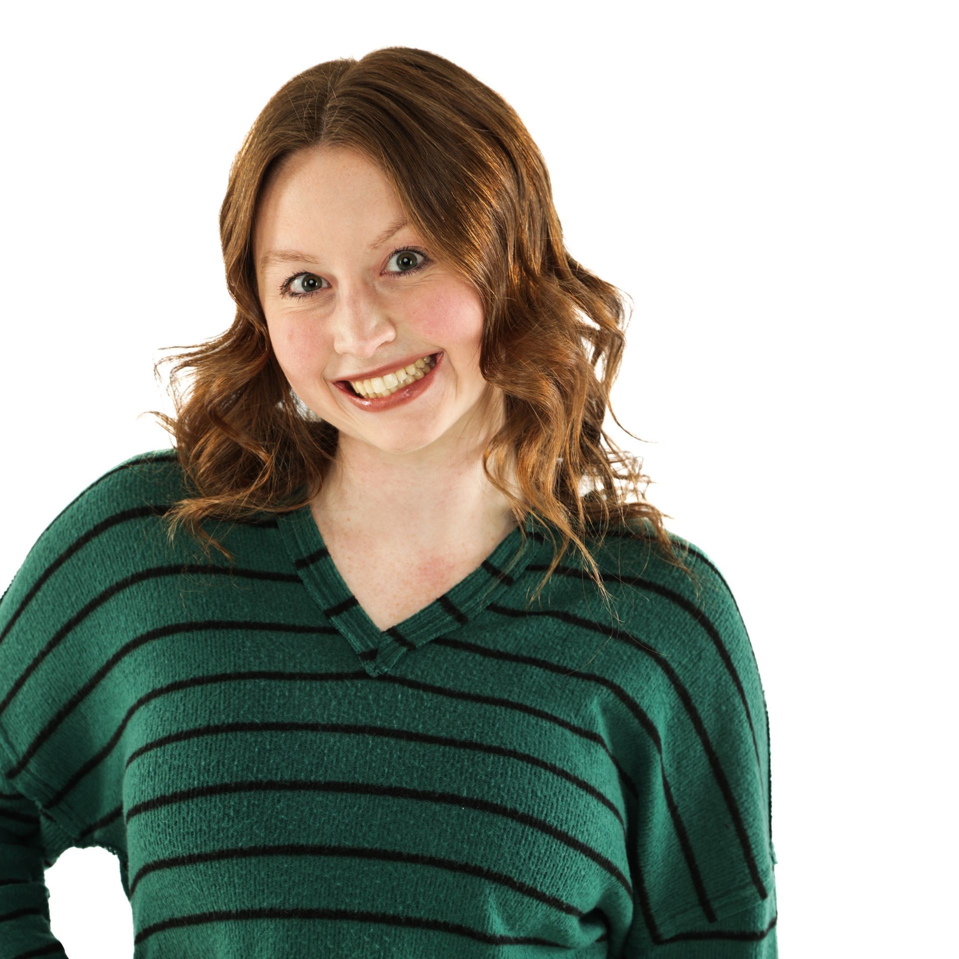 Smiling person in a green striped sweater against a white background