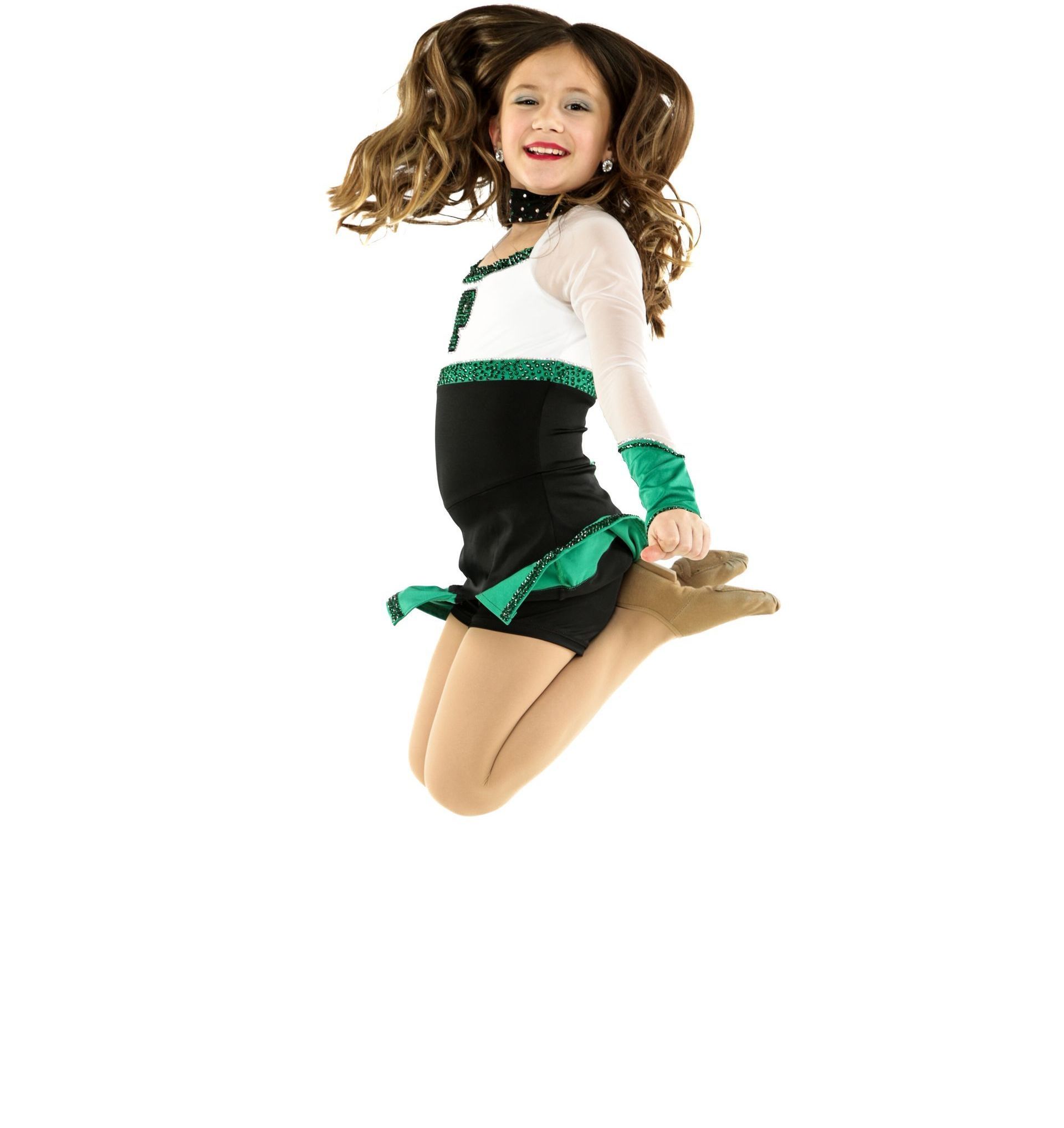 Young cheerleader mid-jump in a green-and-white uniform, smiling against a white background