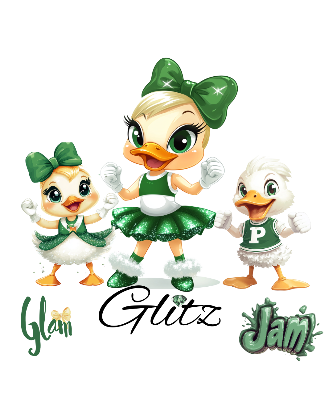 Three cartoon ducks in green outfits with “Glam Glitz Jam” text.