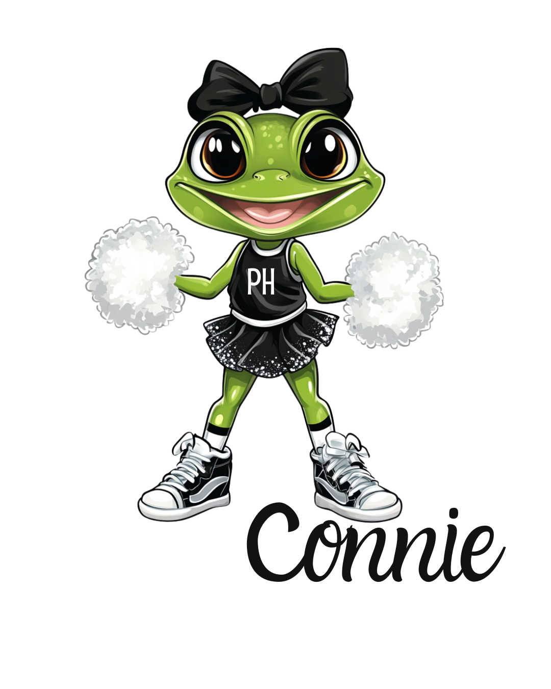 Cartoon green frog cheerleader with black bow, pom-poms, and sneakers; name “Connie” underneath.