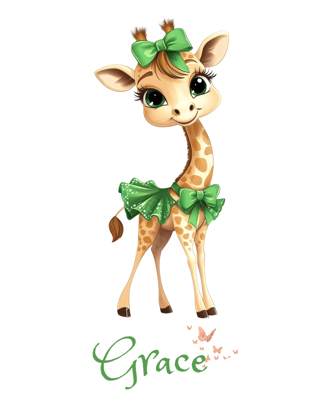 Cute giraffe with a green bow and skirt, labeled “Grace”