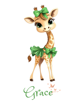 Cute cartoon giraffe with green bows and skirt, standing above the name Grace