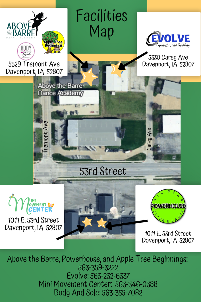 Facilities map with aerial view of multiple businesses and labeled entrances on 53rd Street and Apache Avenue.