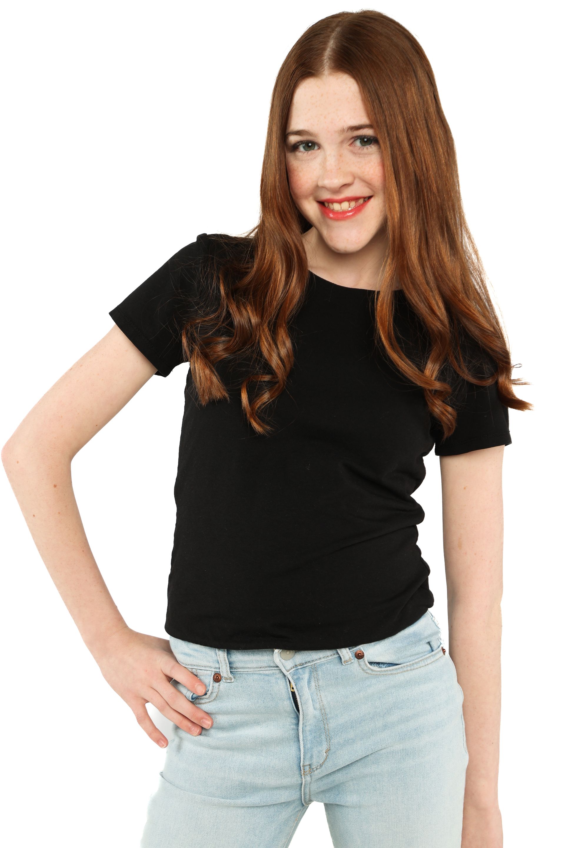 Standing pose of a smiling person in a black T-shirt and light jeans on a white background