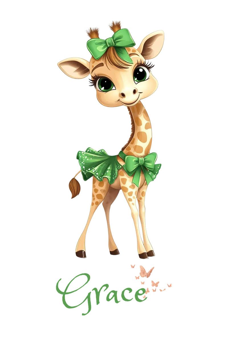 Cute cartoon baby giraffe with green bows and skirt, standing above the name “Grace”