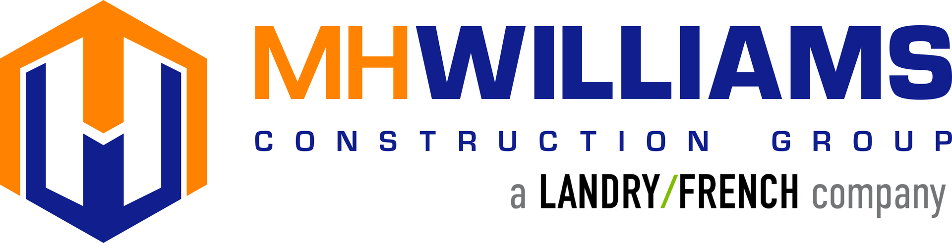 MHWilliams Construction Group logo with orange and blue hexagon icon and company name text