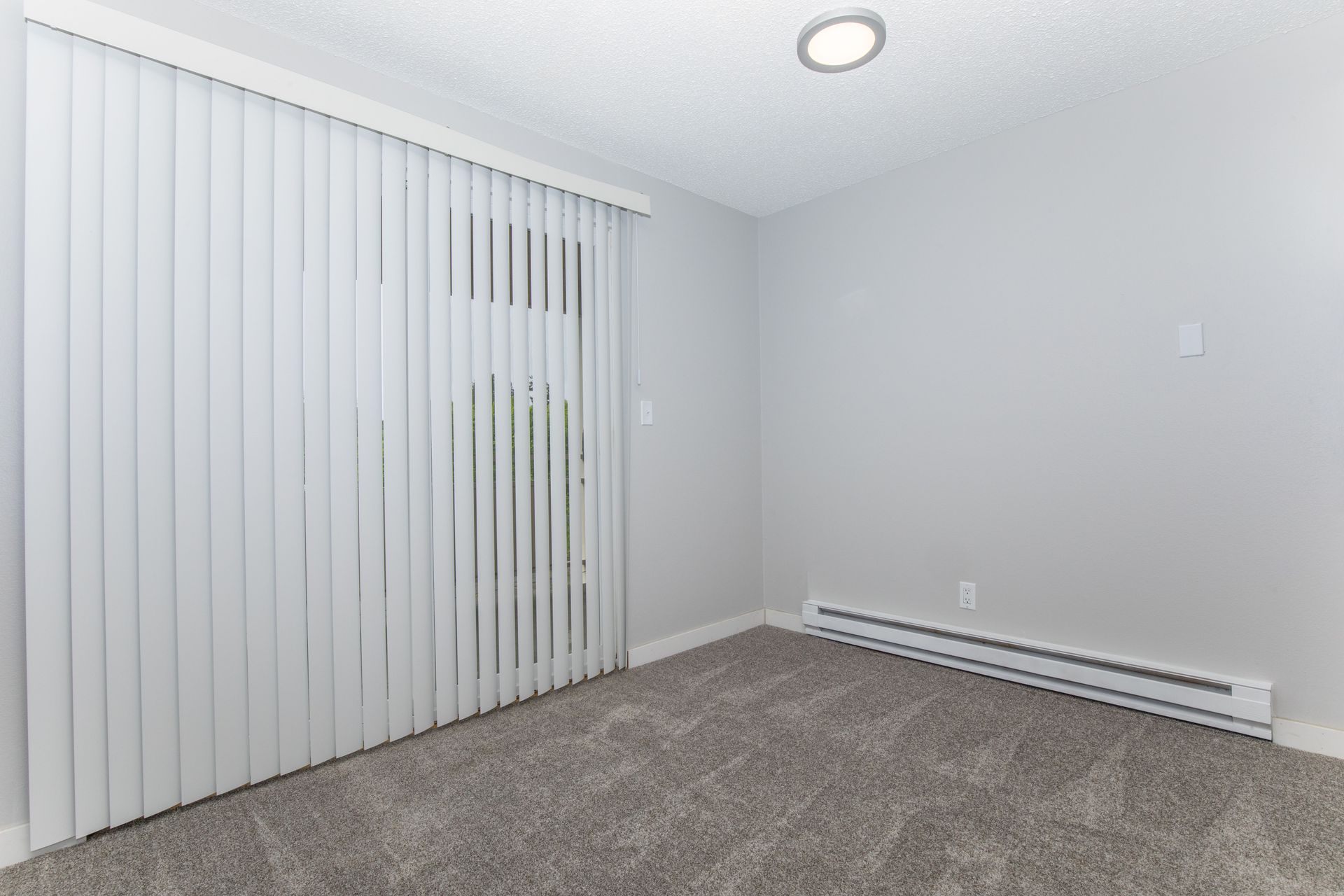 An empty bedroom with vertical blinds and a carpeted floor.
