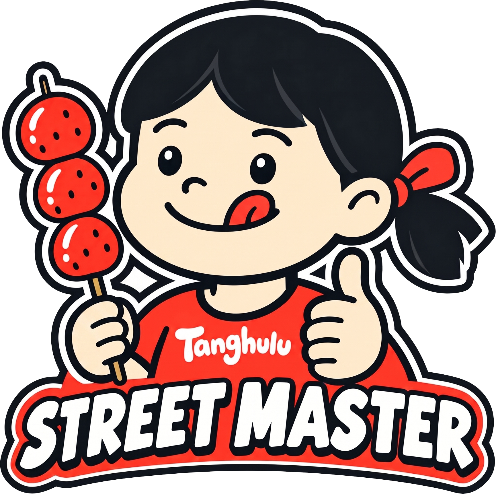 Cartoon girl holding tanghulu skewers with thumbs up, wearing red shirt, above bold “STREET MASTER” text