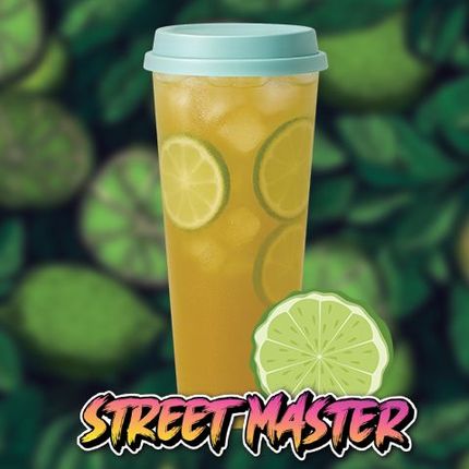 Tall iced lemon drink in a clear cup with mint-green lid, lemon slices, and a lime slice on a leafy background