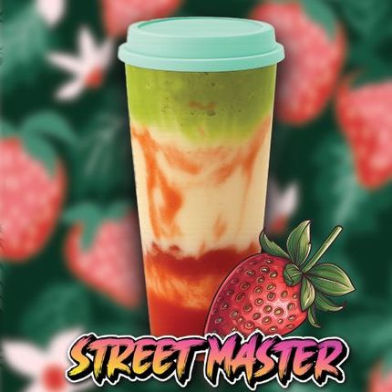 Iced layered drink in a mint cup with strawberry, labeled “Street Master,” on a floral background