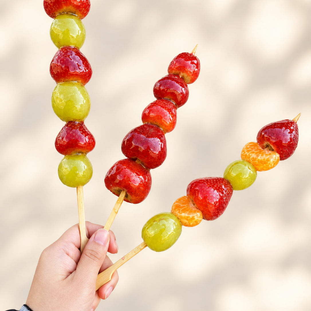 Hand holding three skewers of glossy red and yellow candied fruit against a soft background