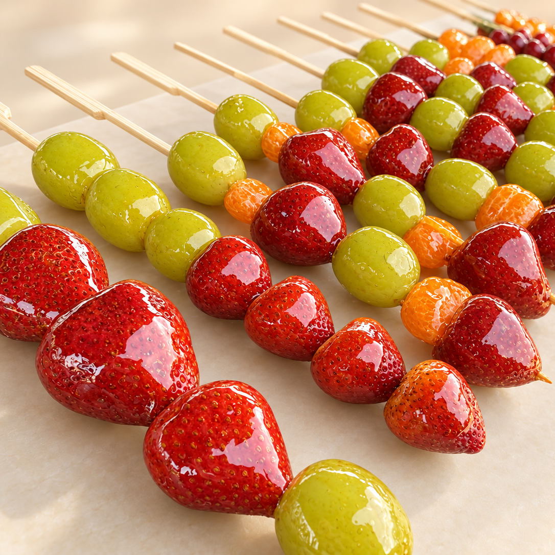 Rows of glossy red and green candied strawberries on wooden skewers