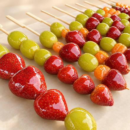 Rows of glossy red and green candied strawberries on wooden skewers