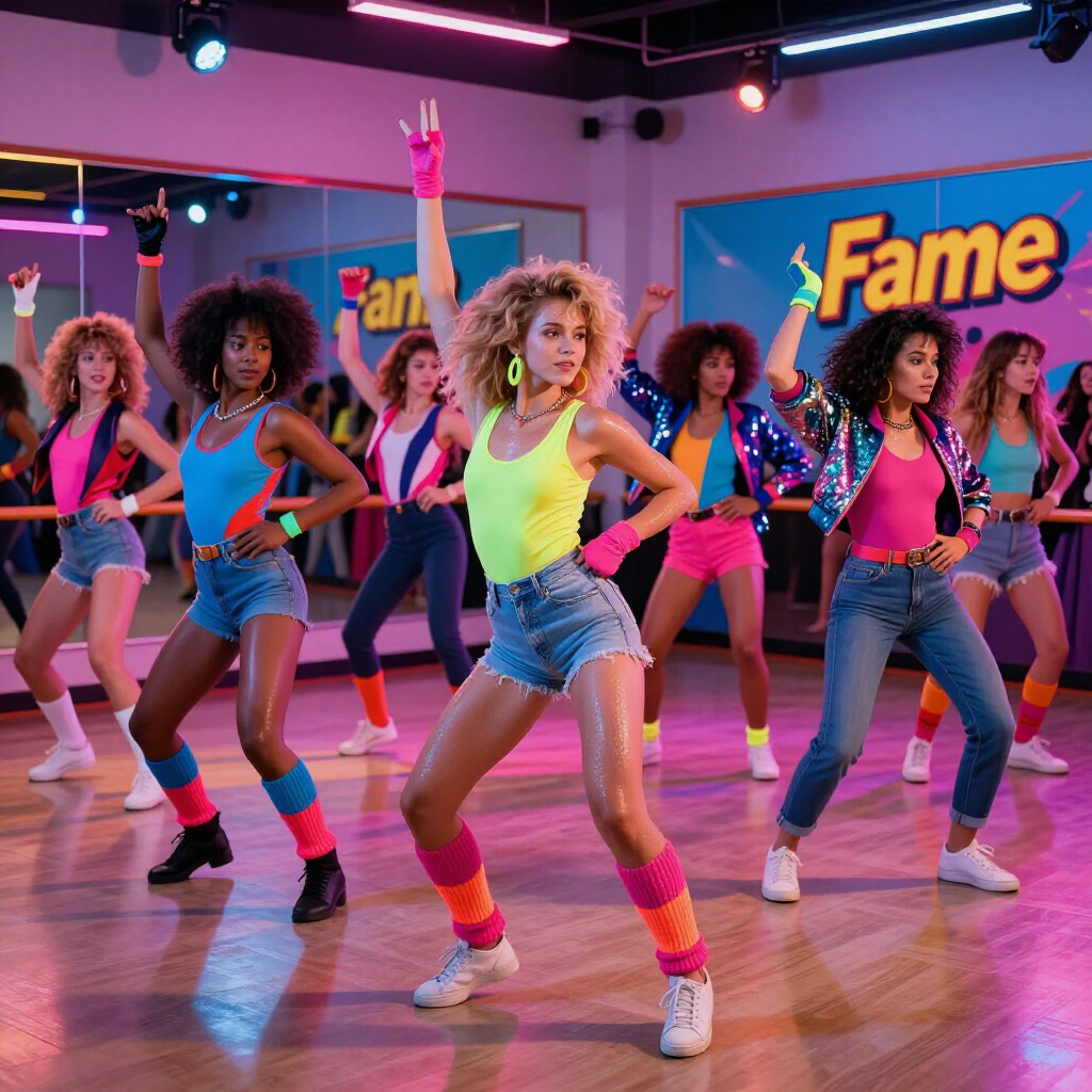 Group enjoying an 80s Fame dance party in Cardiff with colourful costumes, fun choreography and professional dance instruction from Epic Moments UK.