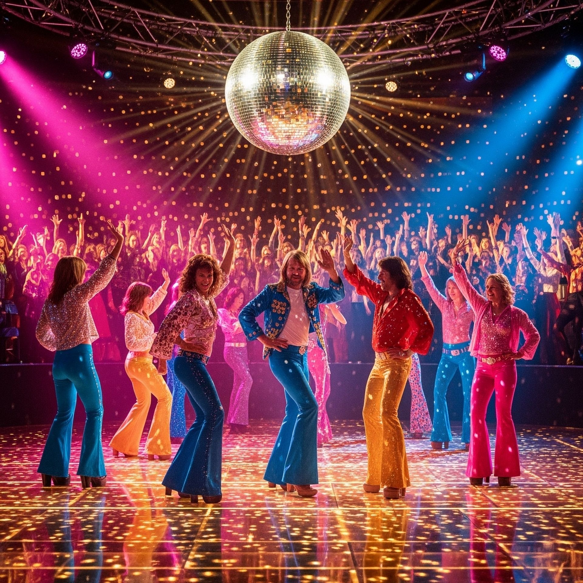 A lively Abba-themed dance party with a group of people in colourful 70s outfits dancing under a disco ball, bright stage lighting, and a packed dancefloor creating a fun, energetic hen party atmosphere.