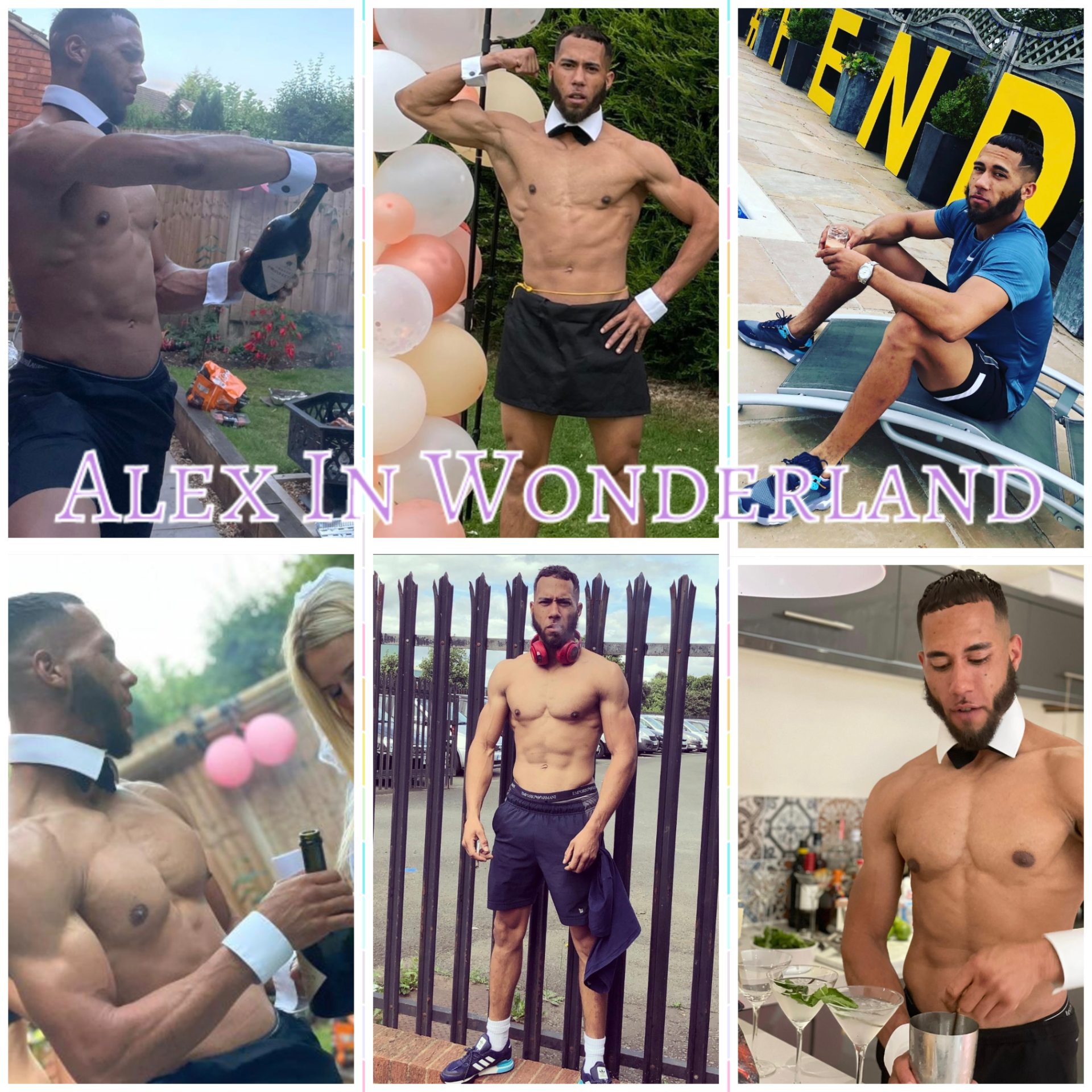 Alex male stripper performing at hen parties and private events, muscular athletic entertainer in waiter and themed roles delivering confident, high-energy strip shows with strong stage presence.