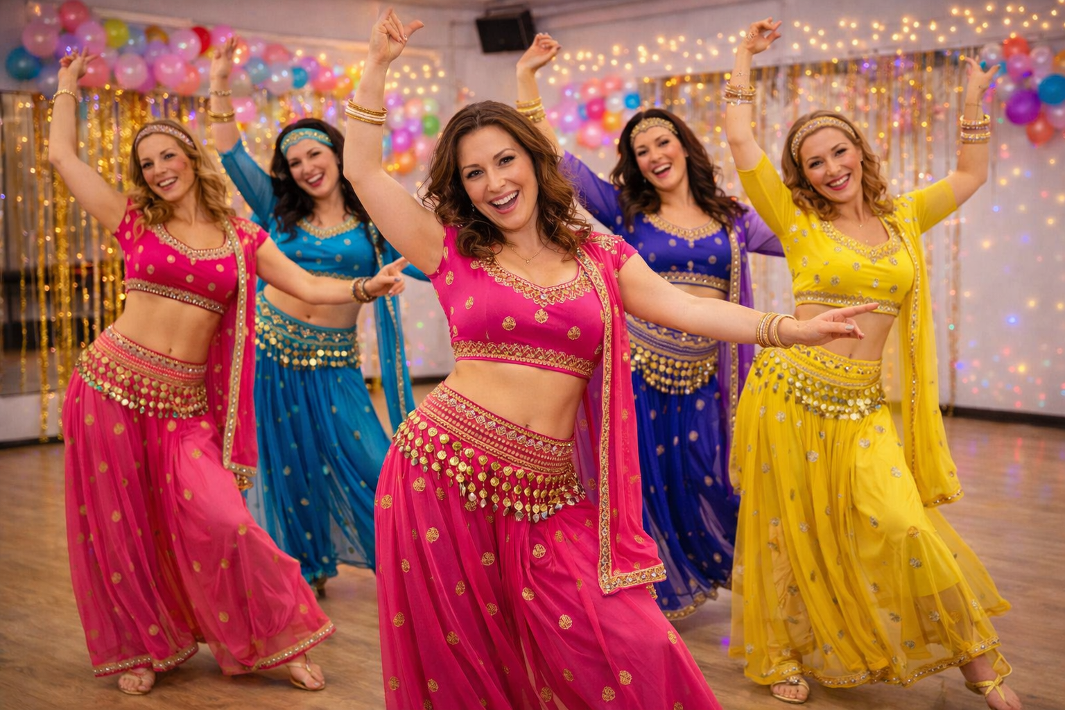 Group enjoying a colourful Bollywood dance party in Cardiff, learning energetic Bollywood choreography with a professional dance instructor.