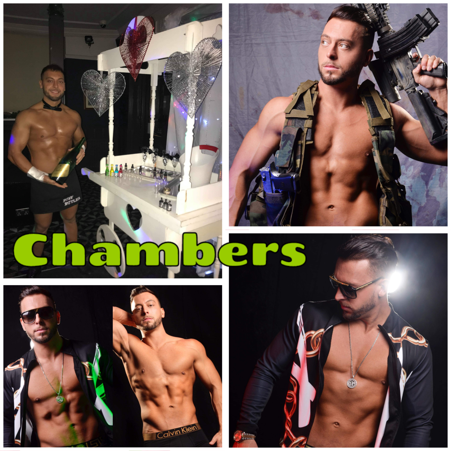 Chambers male stripper based in the West Midlands performing at hen parties and private events, muscular athletic entertainer in waiter and themed roles delivering confident, high-energy strip shows across Birmingham and surrounding areas.