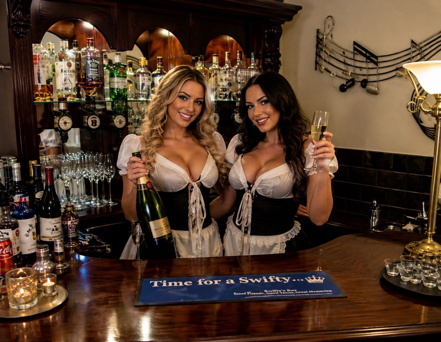 Two professional female champagne hostesses serving sparkling wine behind a luxury home bar for a private party. Premium Champagne & Dinner Service available throughout the UK by Epic Moments UK.