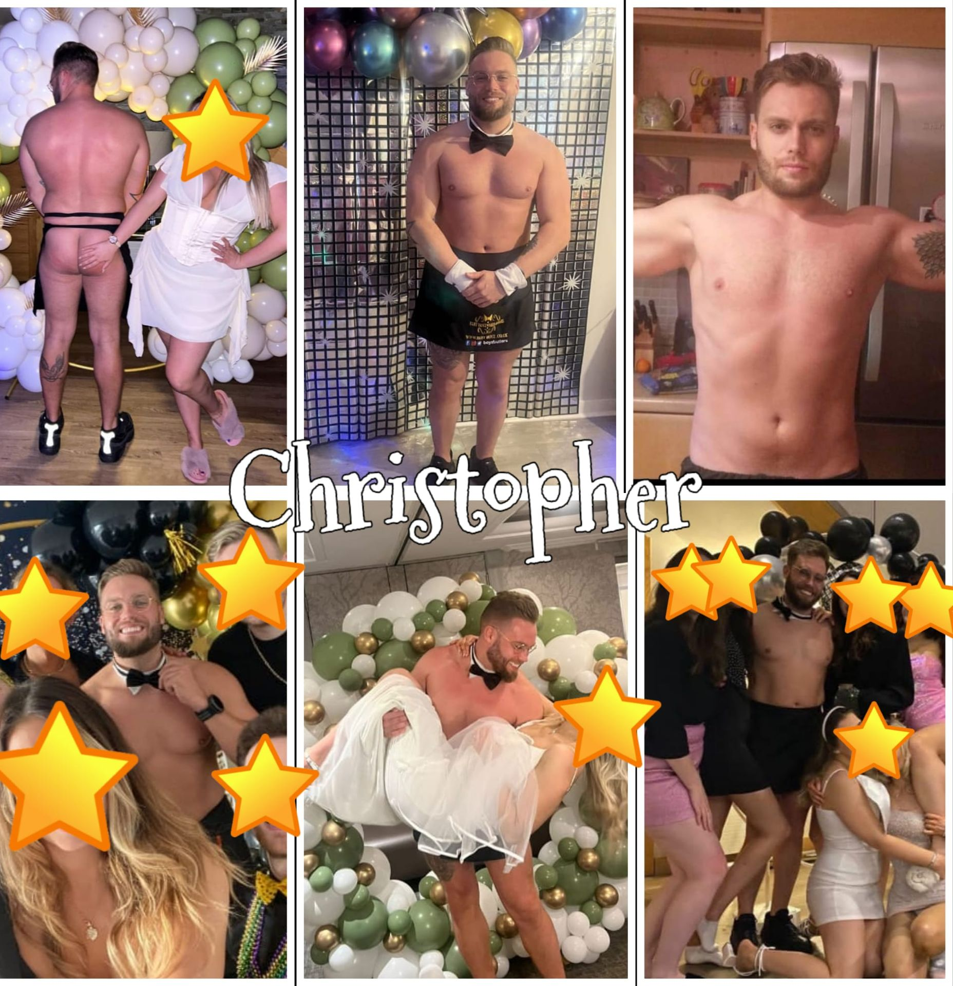 Collage of a male buff butler named Christopher posing at various events. He is shirtless with bow tie, cuffs, and apron, interacting with guests, smiling, and modelling in different fun party settings. Guest faces are covered for privacy