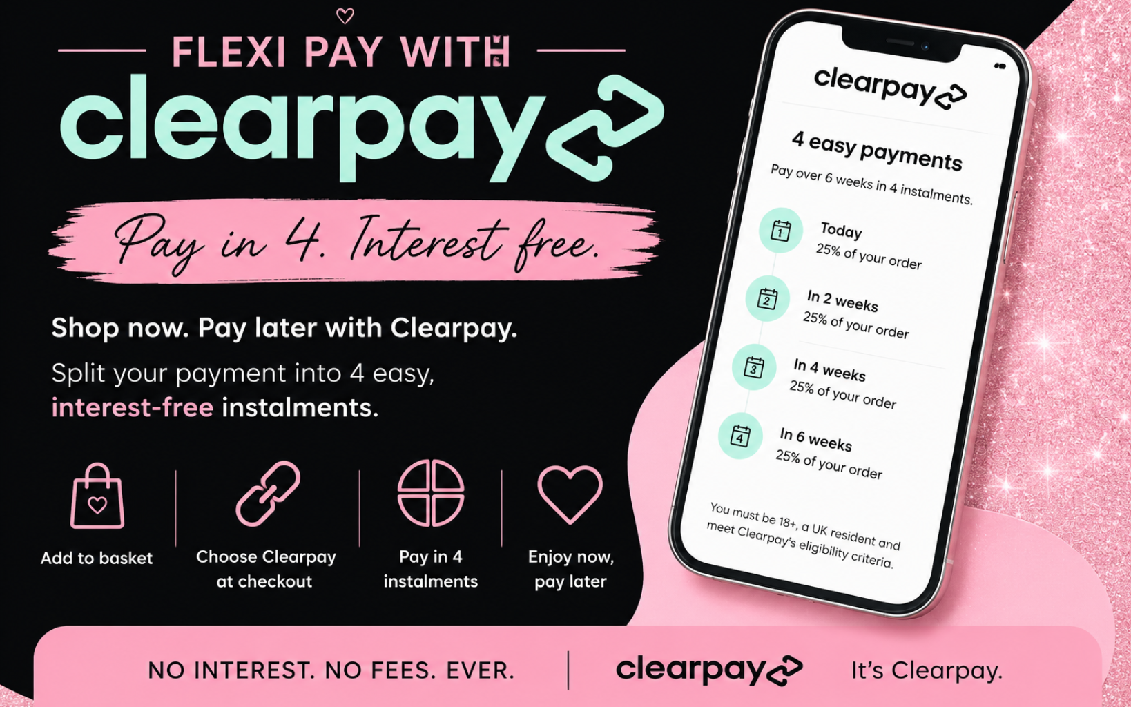 Clearpay flexible payment option showing how customers can spread the cost of their Stripper School Workshop booking into four interest-free instalments. Pay in 4 with Clearpay available at checkout for eligible UK customers.