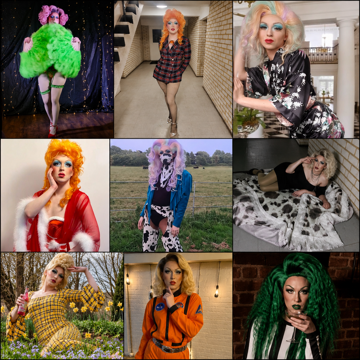 Drag Performer DB is based in Poole, Dorset Professional drag performer DB posing in colourful themed costumes and glamorous makeup for weddings, drag bingo, hen parties and private events in Poole, Dorset.