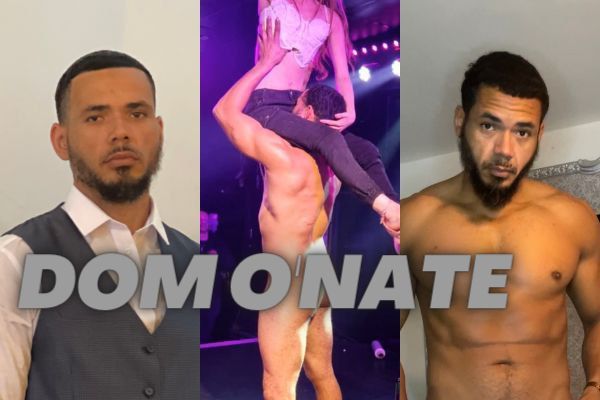 Dom O Nate, Birmingham based male stripper, muscular and confident entertainer posing in formal wear and shirtless performance shots for hen parties and private events.