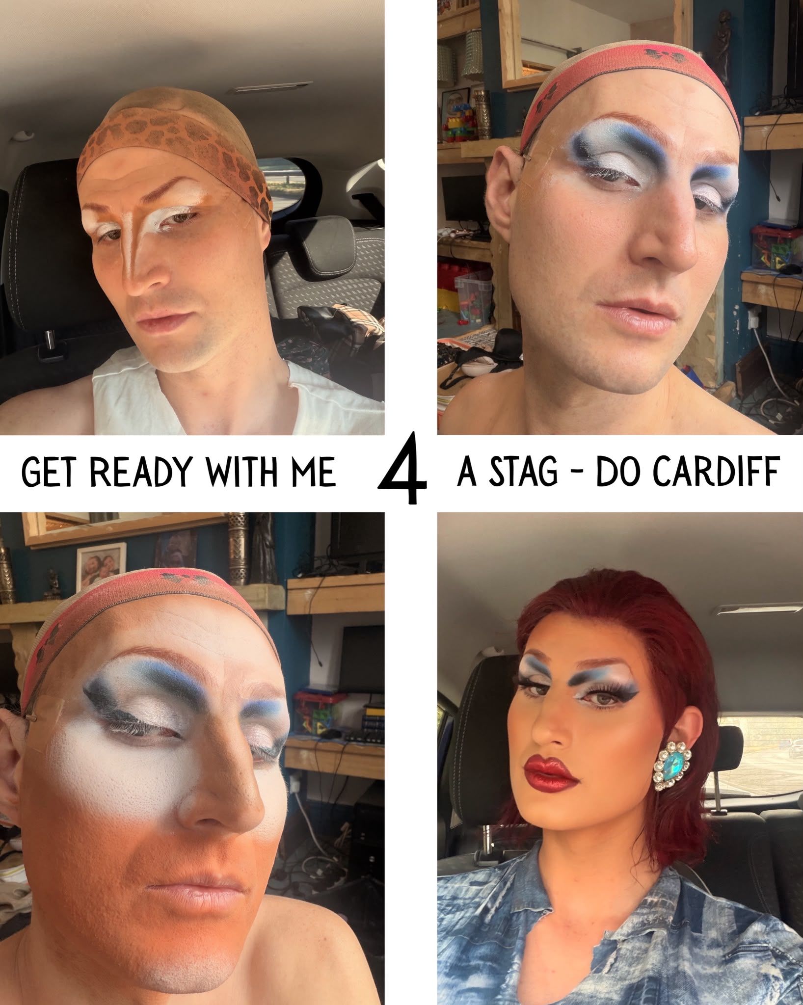 Babs Amore getting ready in drag makeup for a handcuffed stag party bar crawl in Cardiff, showing her transformation into her finished drag queen look