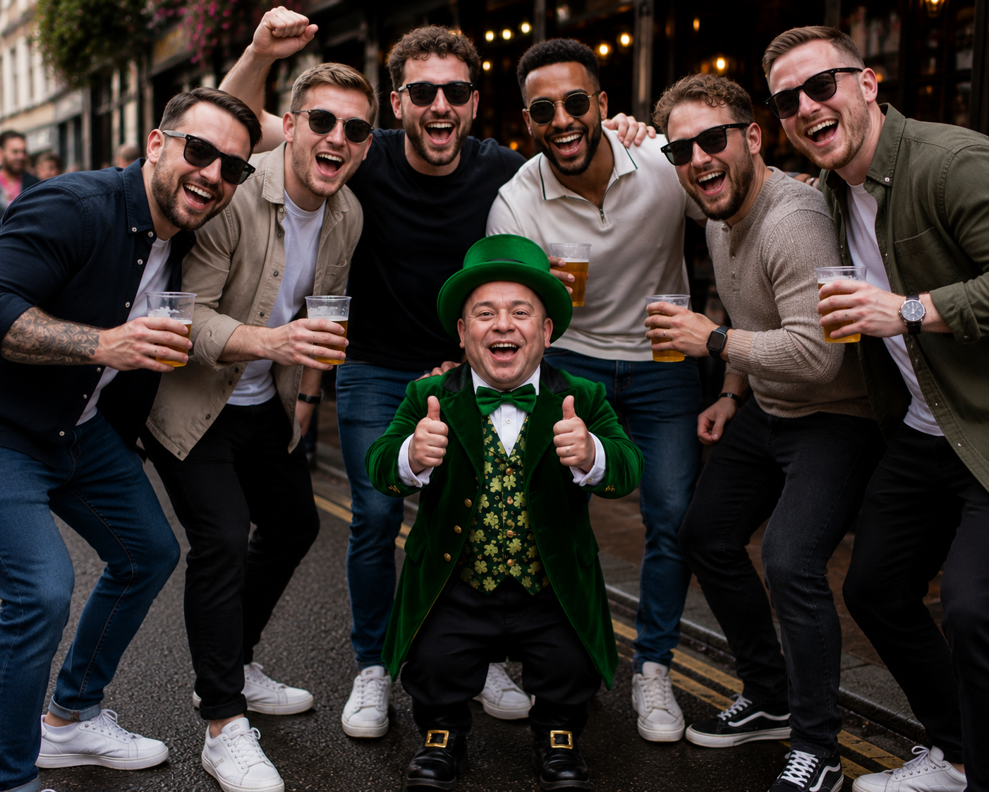 Group of men enjoying a stag party bar crawl with a dwarf entertainer dressed in a green leprechaun costume, posing for photos while holding drinks and celebrating on a busy city street.