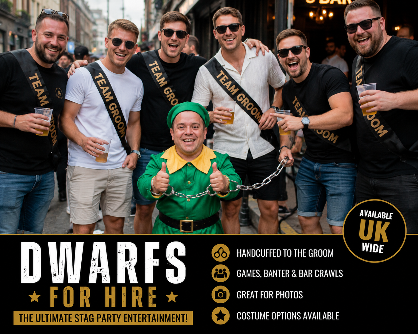 Dwarf stag party entertainer dressed as an elf and handcuffed to the groom during a lively UK bar crawl with a group of men wearing Team Groom sashes, laughing, drinking and enjoying stag party games and forfeits.