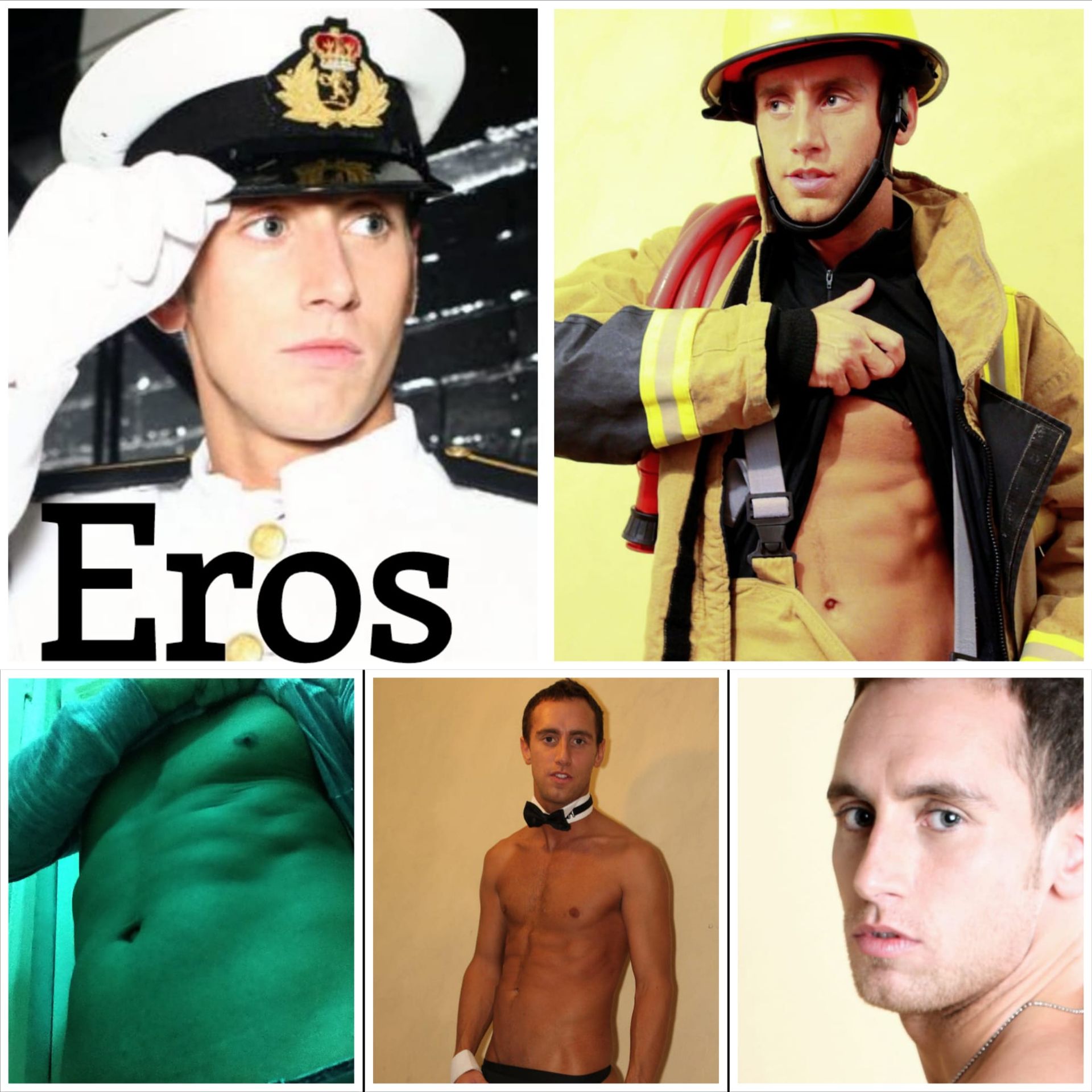 Scottish male entertainer Eros in sailor, firefighter and buff butler outfits, showing toned torso; Dundee- and Aberdeen-based stripper, buff butler and life drawing model for hire
