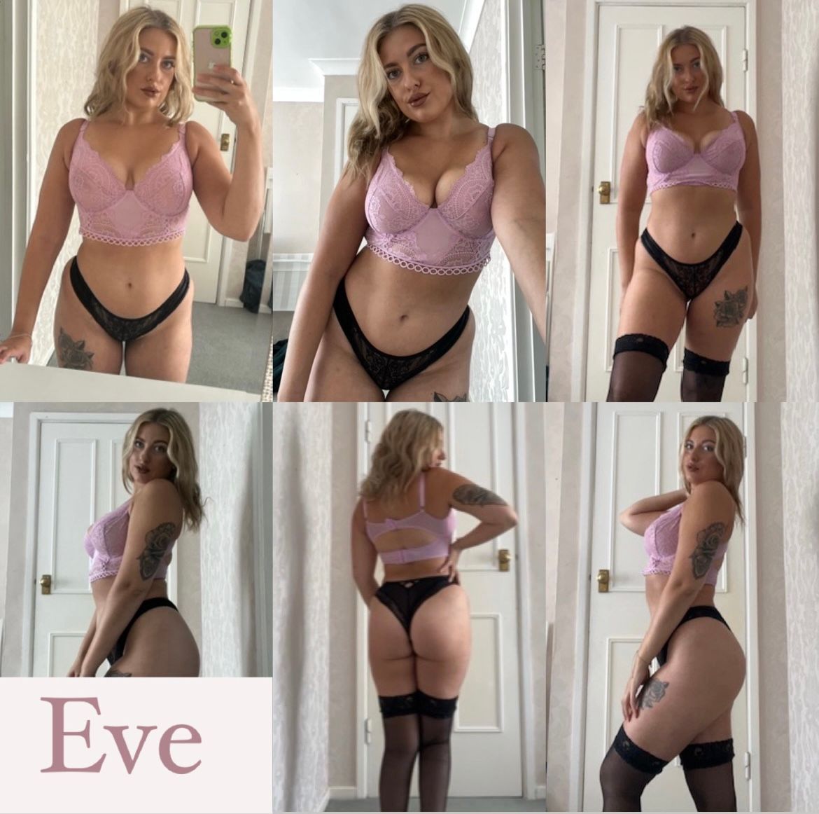 Eve covers Cardiff, Bristol and Bath, happy to travel Collage of model Eve posing in a pink lace bra, black thong and thigh-high stockings in a bright indoor setting, shown from front, side and back angles, available in Cardiff, Bristol and Bath.