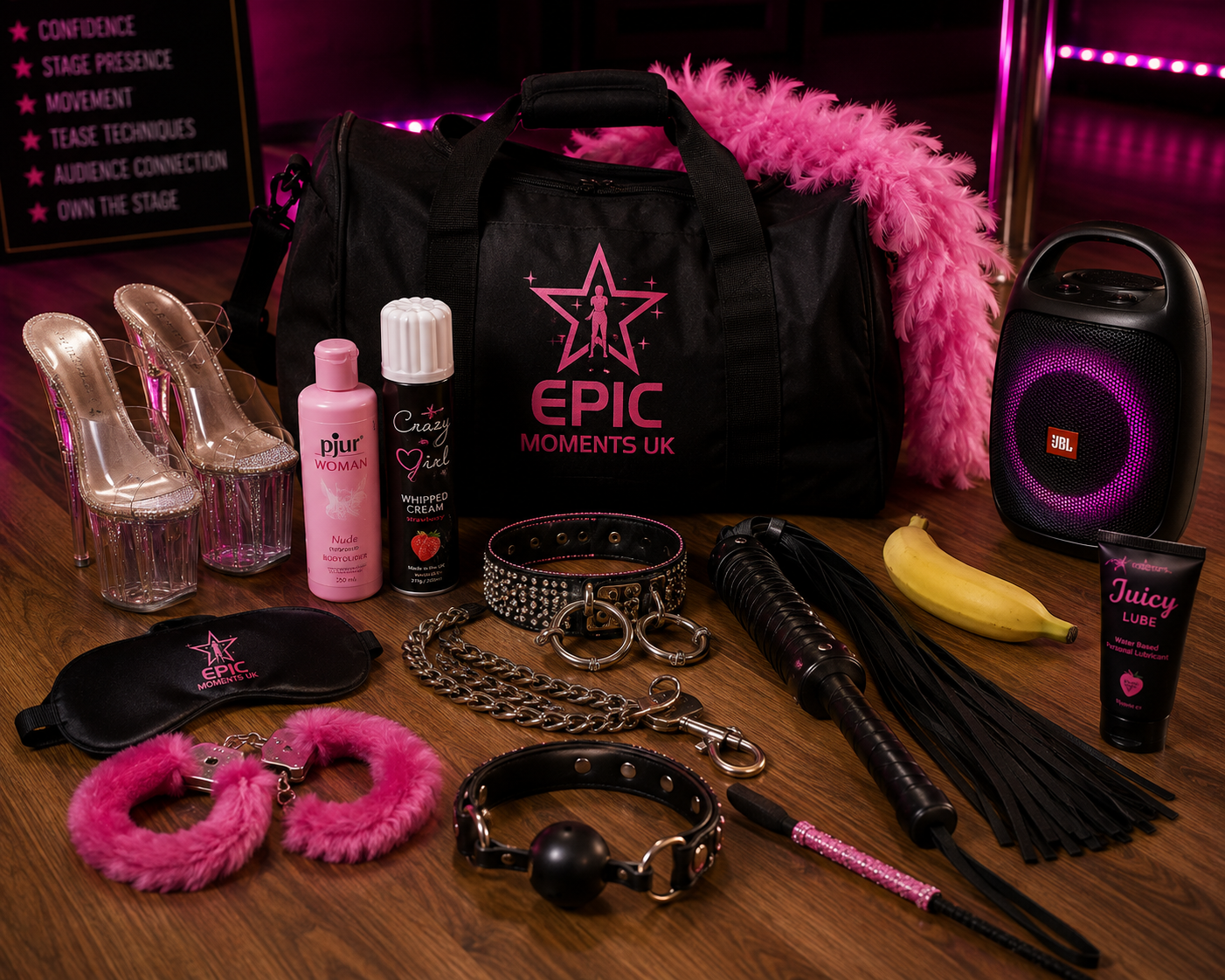 Female stripper training kit bag with performance props including speaker, body lotion, massage oil, squirty cream, banana, dog collar and chain, whips, blindfold, handcuffs, lingerie and accessories used during Epic Moments UK's female Stripper School workshops in Cardiff.
