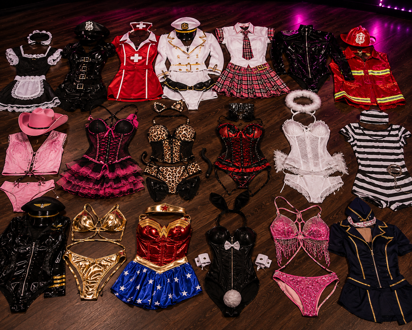 Selection of female stripper fancy dress costumes and themed performance outfits laid out for training, including police, nurse, firefighter, maid, schoolgirl, sailor, prisoner, bunny, superhero, cowgirl, pilot and glamorous lingerie styles used during Epic Moments UK's female Stripper School workshops in Cardiff.