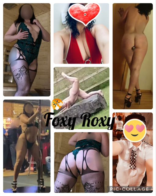 Collage of entertainer Foxy Roxy posing in lingerie, pole dance and bold performance outfits across indoor and nightlife settings, showcasing confident, curvy and playful poses in a mix of stage and portrait shots, covering South and West Wales or within a 2-hour radius of Cardiff.