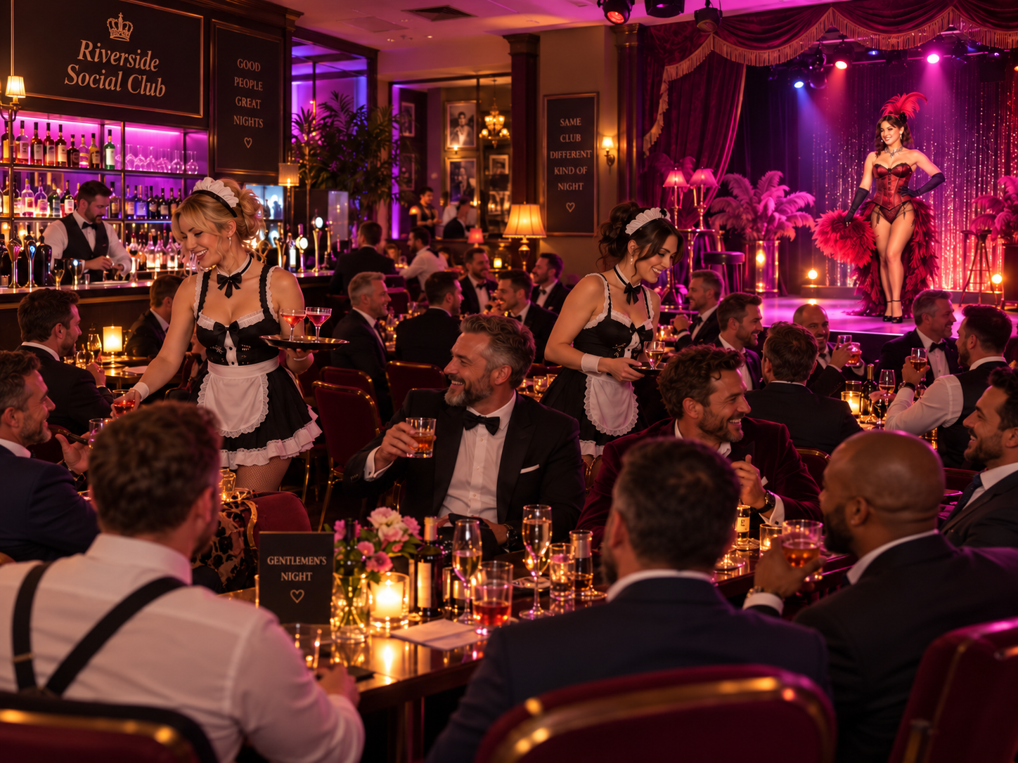 Gentleman’s evening at a social club with sexy French maid hostesses serving drinks and a live female stripper show, naughtier sex toy show options available