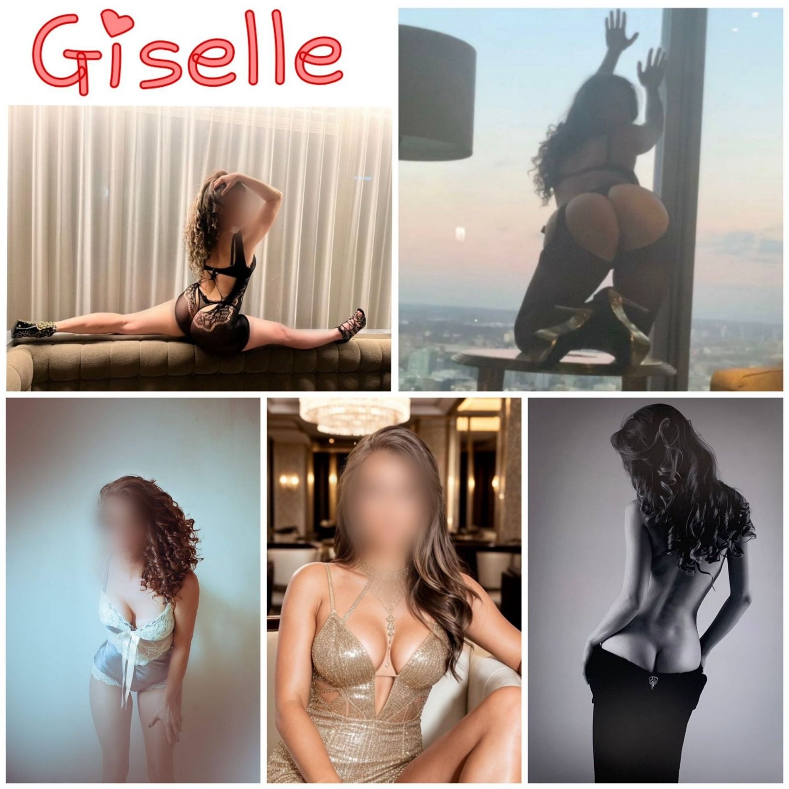 Collage of entertainer Giselle posing in lingerie and elegant outfits across luxury indoor and window-view settings, showcasing a mix of sensual, glamorous and confident poses in both performance and portrait-style shots.