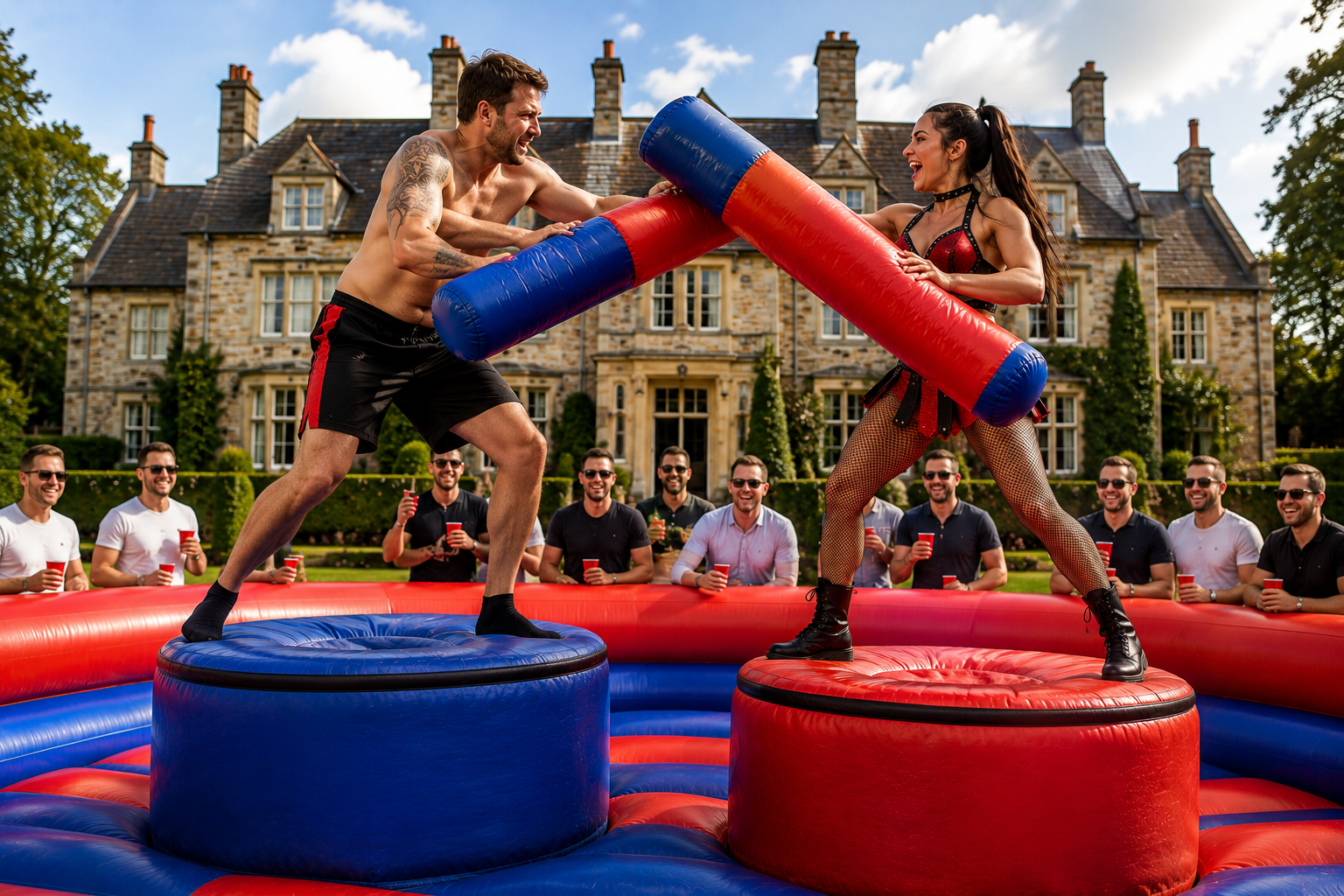 Male and female gladiators battling with padded pugil sticks in an inflatable arena for UK stag party entertainment.