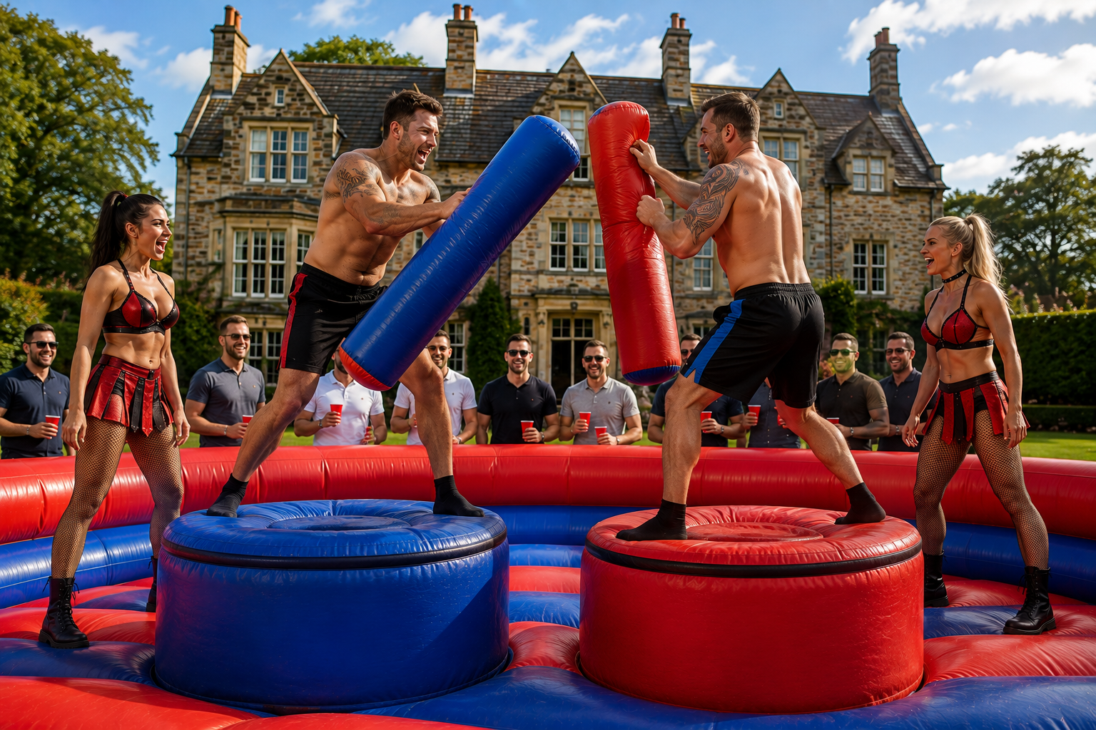 Two male and two female gladiators competing and entertaining guests in an inflatable gladiator arena at a UK stag party.