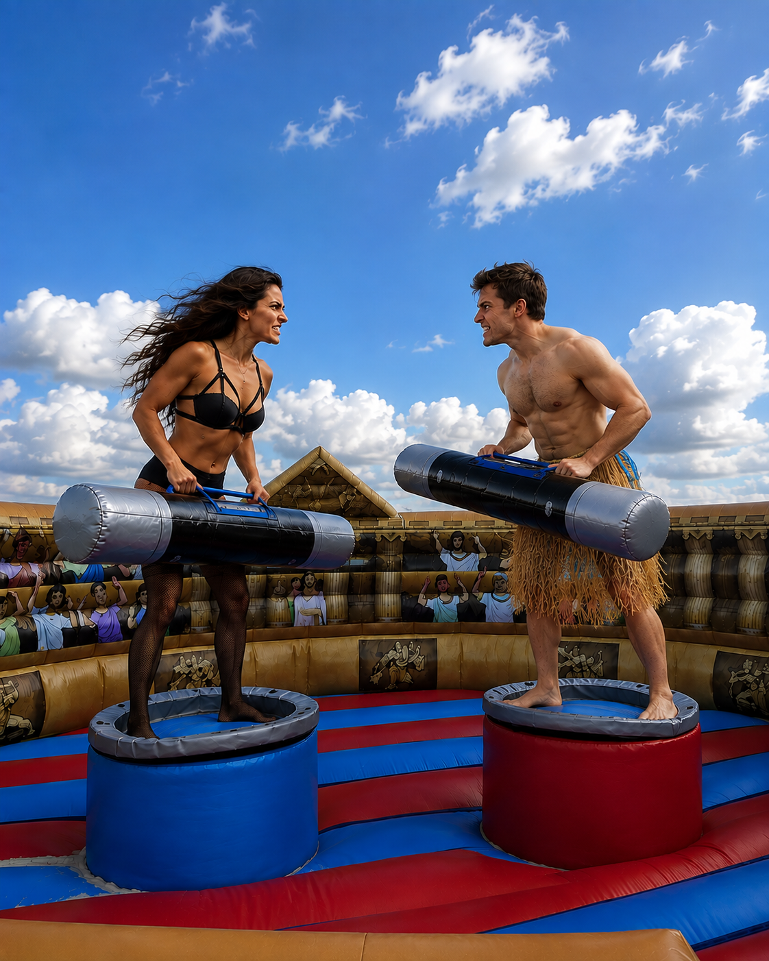 Two female gladiators battling with padded pugil sticks in an inflatable gladiator arena for a stag party.