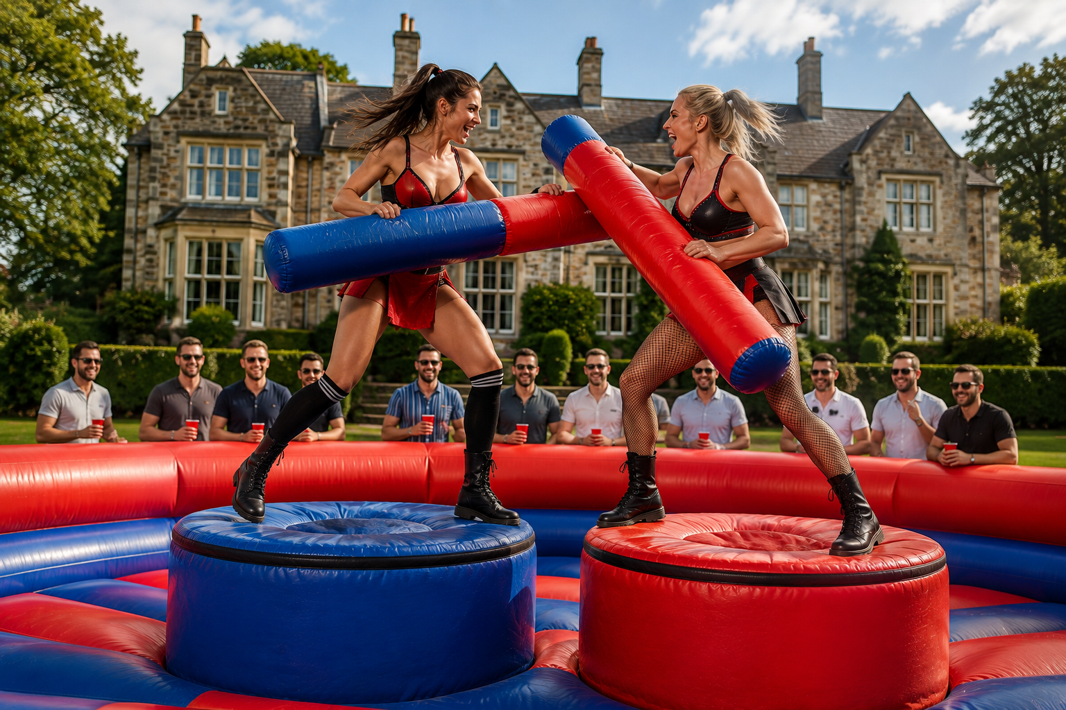 Male and female gladiator fighters competing in an inflatable gladiator arena for stag parties and events across the UK.