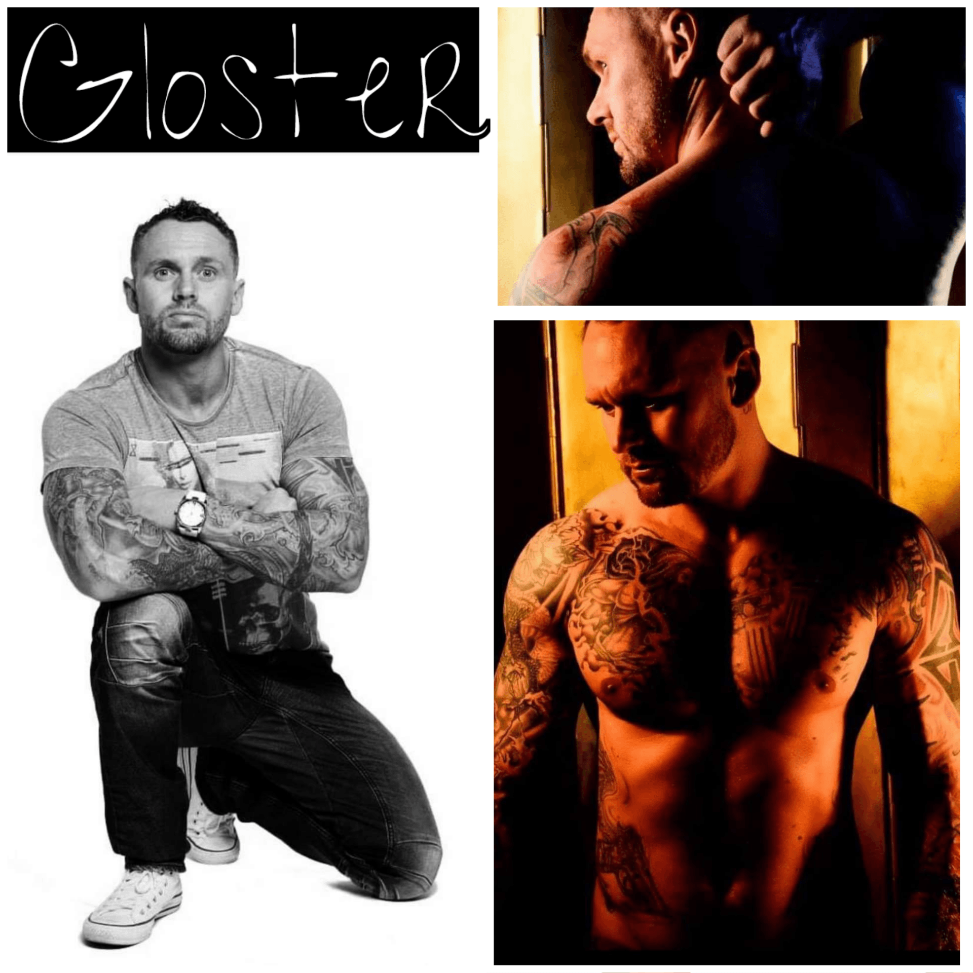 Gloster, professional male stripper, muscular and tattooed performer posing in studio portraits with moody lighting, available for hen parties and private events.