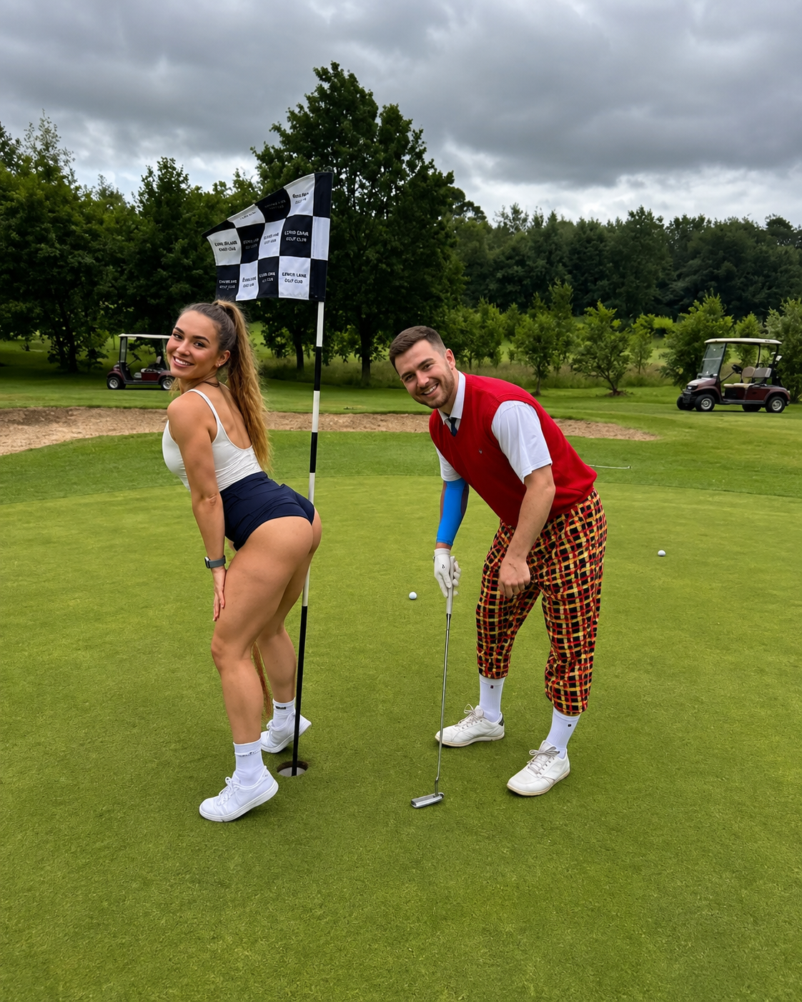 Female golf caddy helping with clubs, keeping score and entertaining a stag party during a UK golf weekend.